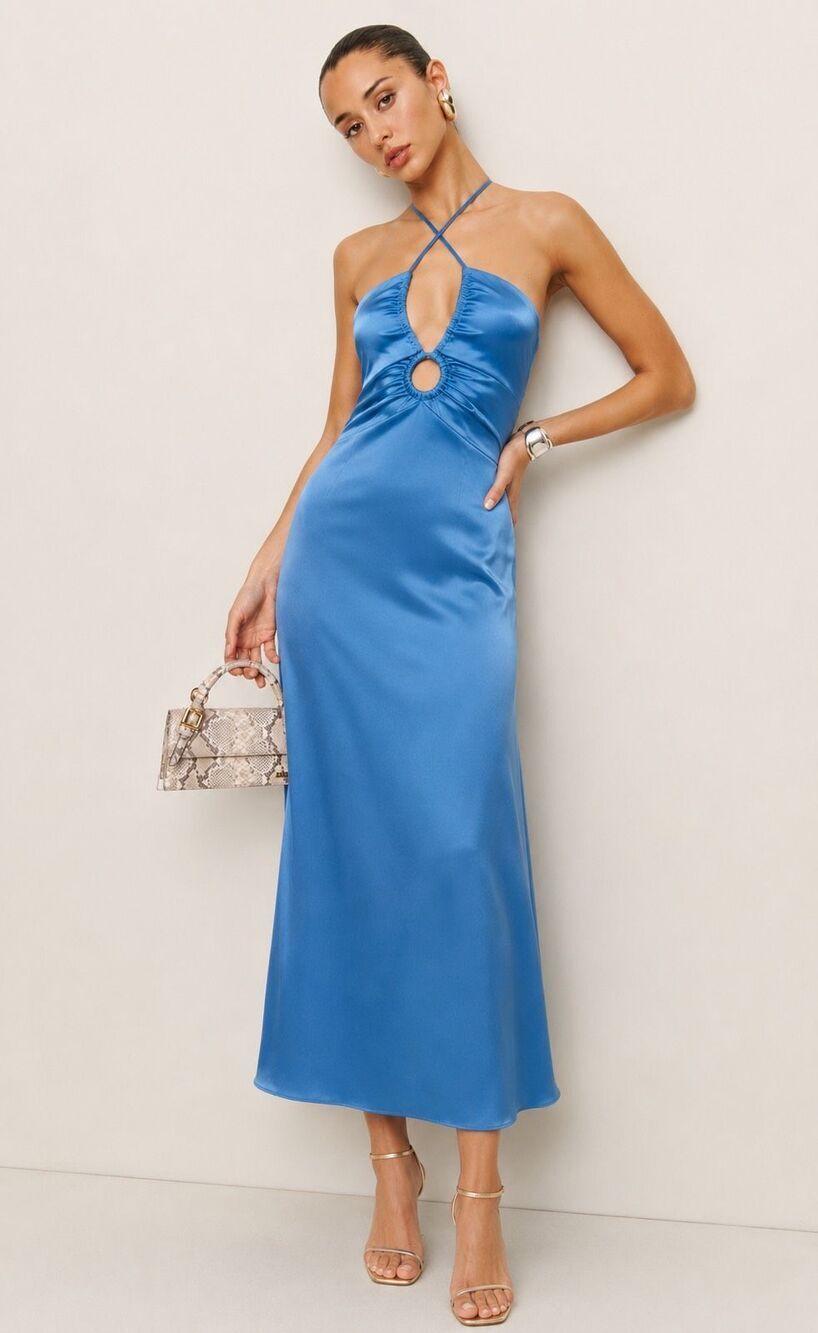 NWT Reformation Antoni Keyhole 100% Silk Midi Dress in Grotto Blue, Sz 8 $465